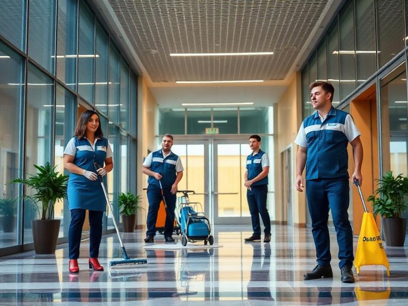 Facilities team maintaining an office lobby