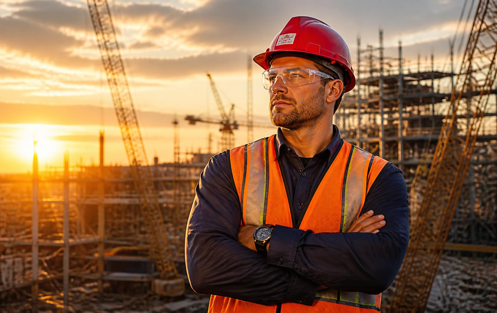 Construction worker in a hard hat at an industrial site