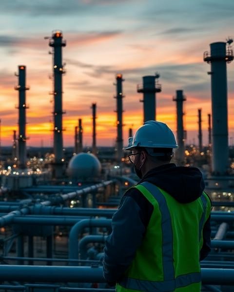 Field supervisor overlooking an overseas industrial site at dusk